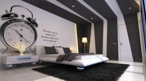 grey and white bedroom with insipiration wall quote Interior Design Blogs
