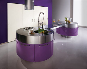modern purple kitchen with cylindrical fan above stainless steel countertop Interior Design Blogs