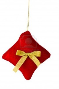 15484078 red cushion christmas decoration with gold bow isolated on white christmas