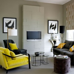 White-yellow-and-black-living-room-with-built-in-wall-mounted-television