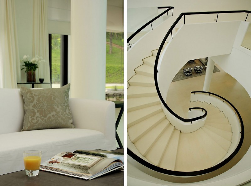 Elegant Villa Phuket Interior in Staircase Design with White and Beige Color Decor in Circular Shaped and White Sofa Furniture for Home Inspiration to Your House