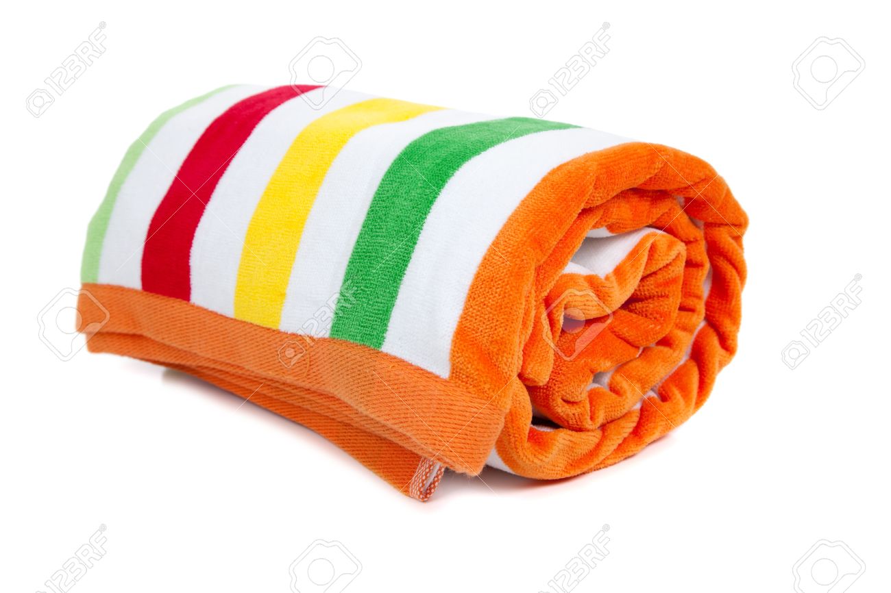 5970911-A-red-white-yellow-green-and-orange-striped-beach-towel-on-a-white-background-Stock-Photo