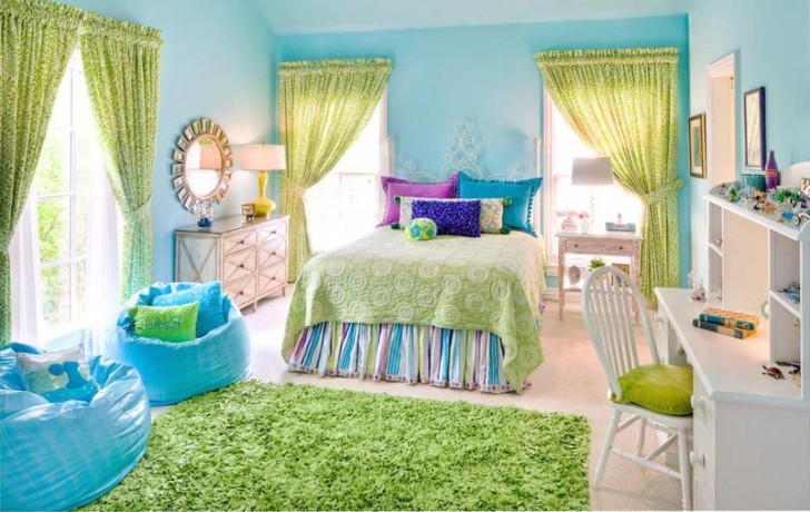 ikea-kids-bedroom-furniture-green-bed-sheet-with-assorted-color-pillow-with-blue-pouf-green-fur-rug-also-curtains-728x460