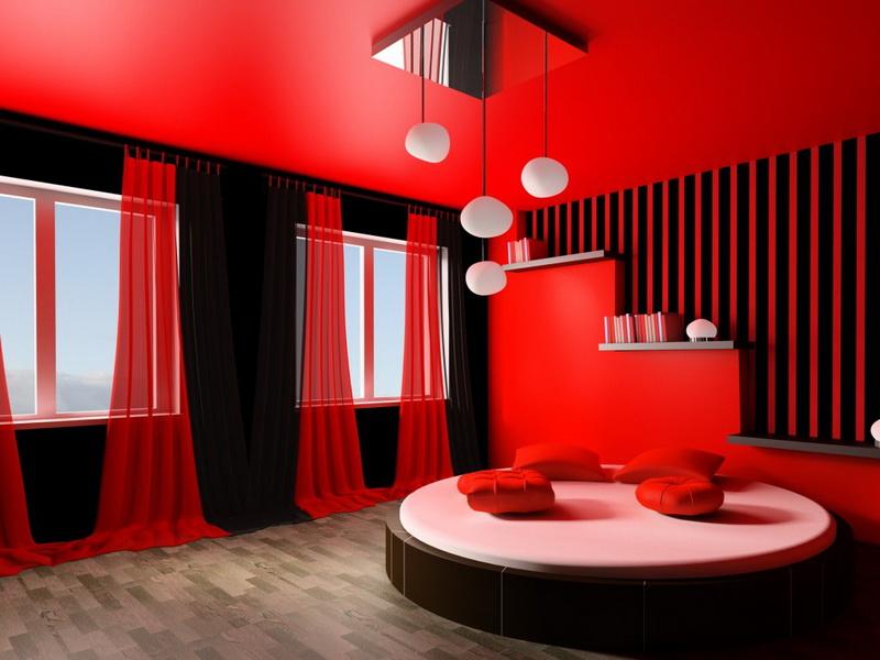 amazing-red-contemporary-bedroom-with-round-bed-also-red-pillows-also-windows-and-red-curtains-also-white-hanging-lamps-also-books-stairs-also-checkered-floor