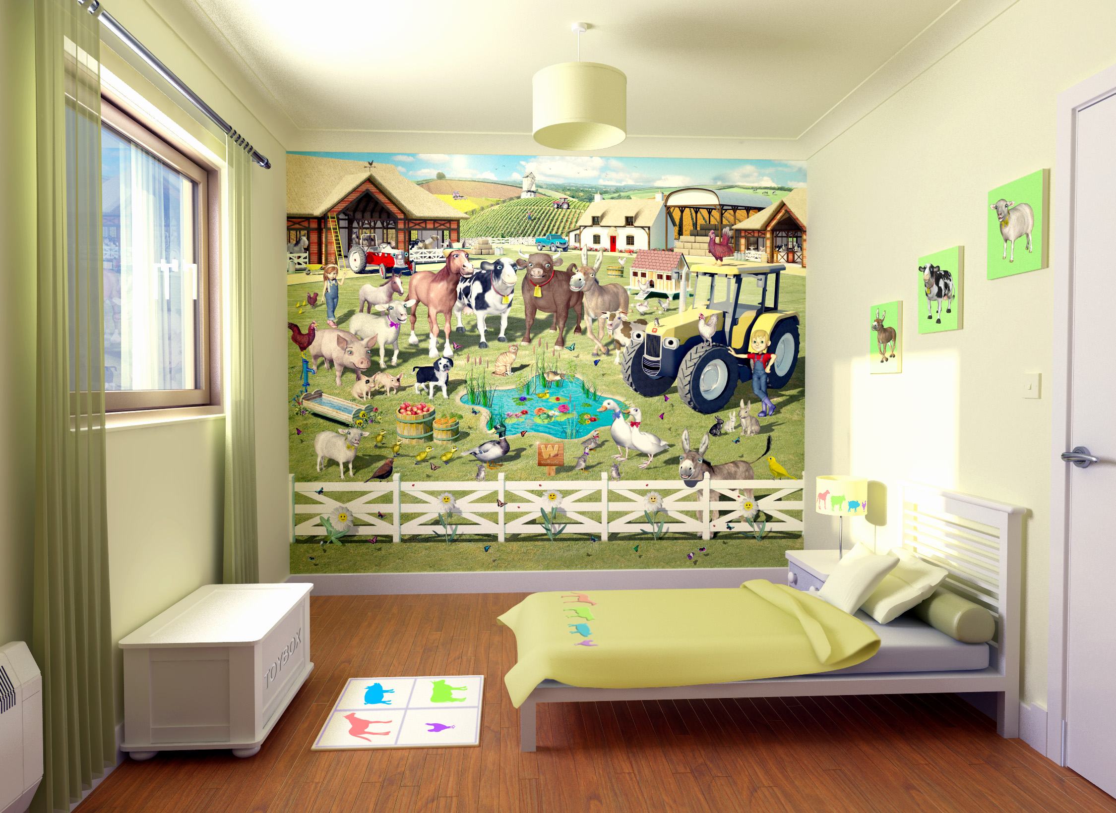 fascinating-farmhouse-kids-room-wallpaper-with-green-cartridge-pleat-window-curtain-panel-and-white-lacquer-finish-wooden-bench-plus-single-bed-above-dark-brown-solid-wood-floor