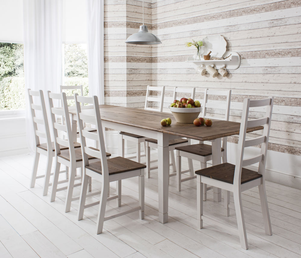 Dark-Pine-white-wood-dining-table-and-chairs-with-Extending-Canterbury-lighting-fruits-chandelier-bulbs