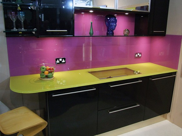 purple kitchen glass backsplash yellow countertops Interior Design Blogs