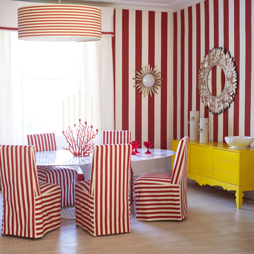 10 quirky red white stripe dining room yellow sideboard round mirror drum shade Interior Design Blogs